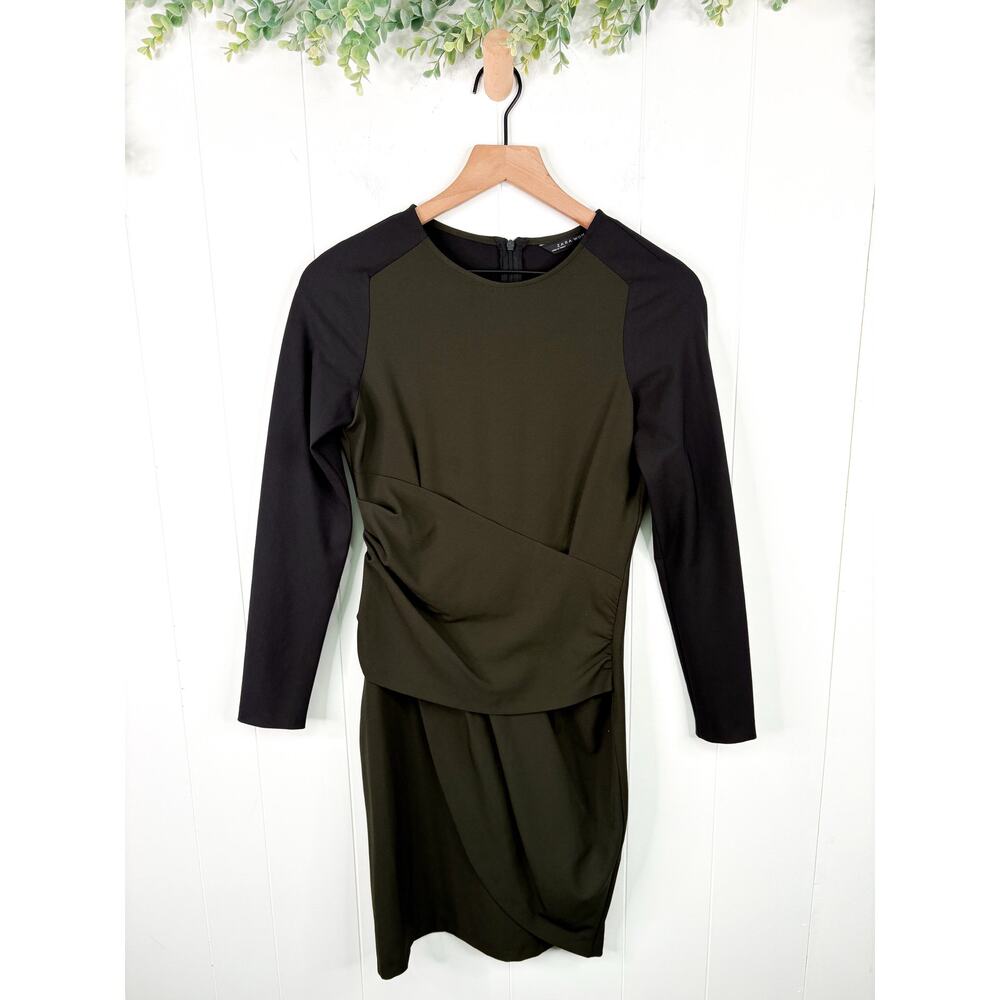 ‼️3/$30‼️ Zara Olive Green Crepe Draped Sheath Dress XS Black Long Sleeve